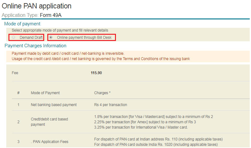 pan card apply payment step