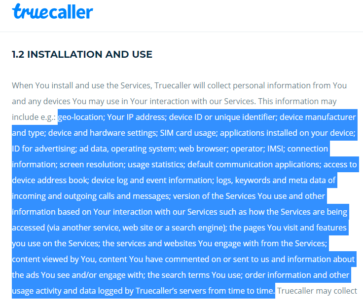 True caller privacy policy